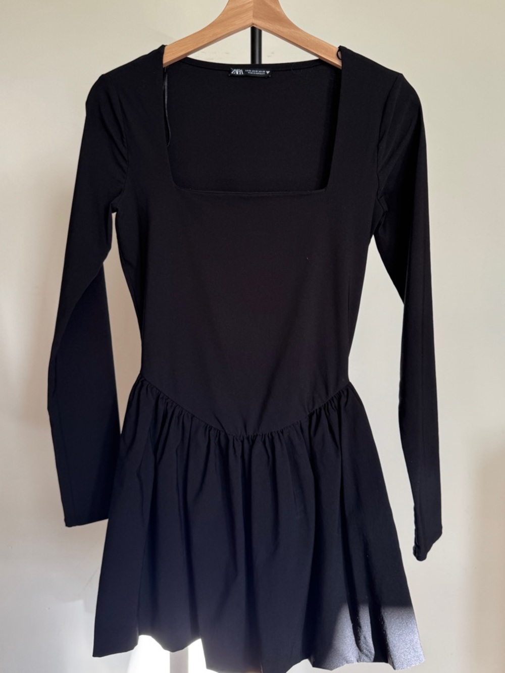 ZARA Black Square Neck Long Sleeve Dress